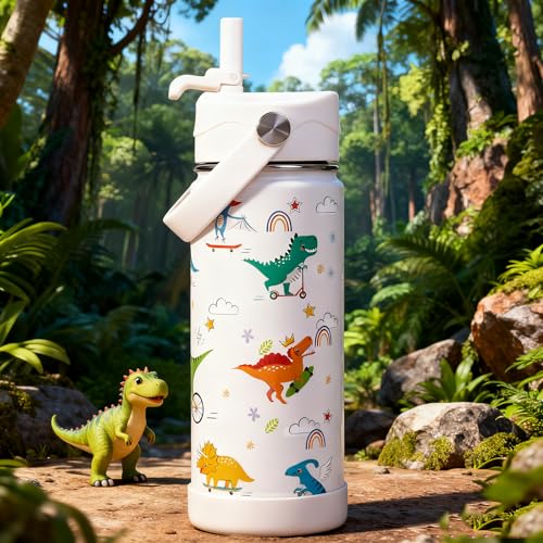Kids Insulated Water Bottle - Bulk Stainless Steel Water Bottles for School Travel Leak Proof Vacuum Metal (Dinosaur, 18 Ounces) - color: Dinosaur