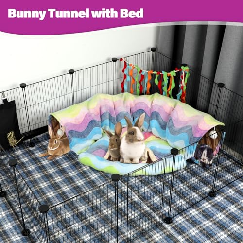 BWOGUE Bunny Tunnel Bed, 2-in-1 Collapsible Rabbit Tunnel Hideout with Mat | Removable Mat for Washing, Ball Toy for Play, Tunnel Tubes for Hiding, Soft Suede Fabric, Cats Rabbits Guinea Pigs - color: Rainbow