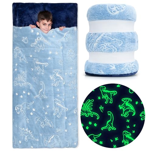 Kids Sleeping Bag for Boys & Girls - Glow in The Dark for Ages 3+, Large With Pillow Pocket, Extra Soft Toddler Blanket (66" x 33") - color: Blue - Dinosaurs