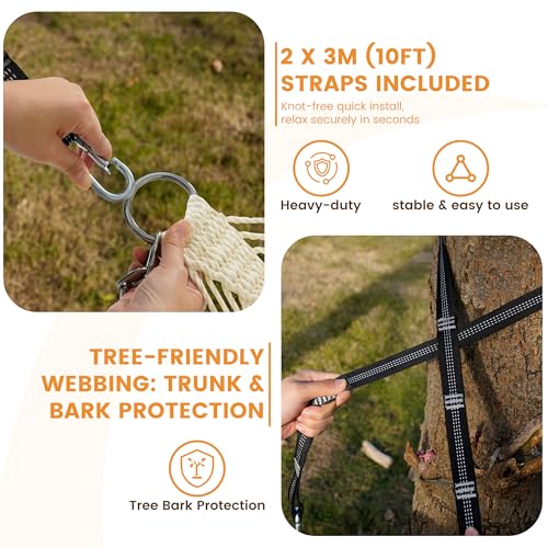 Lazy Daze 13 Ft Double Handwoven Polyester Rope Hammock with Tree Straps | Mesh Hammock for 2 Person, with Spreader Bar, Carabiners, Chains for Outside, Backyard, Patio, 450 Lbs Capacity - color: Natural