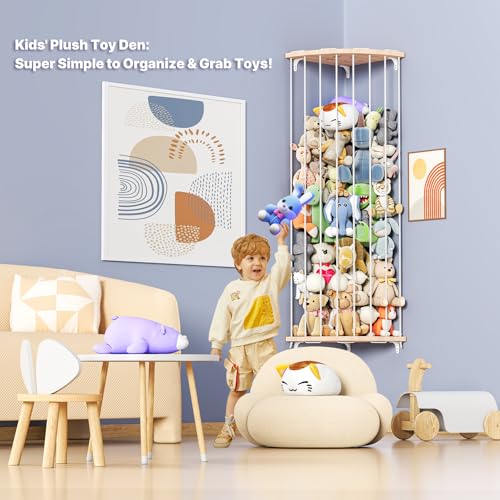 Corner Stuffed Animal Storage Zoo – Adjustable Natural Solid Wood Toy Organizer & Teddy Bear Holder – Large Wall Plushie Cage Shelf with Reinforced Star & Moon Cutouts for Nursery Kids Room