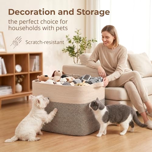 OIASKET 108L Cotton Rope Storage Basket for Living Room and Bedroom 25"x16"x16" Woven Laundry Basket, Heavy Duty Bin for Blankets, Pillows & Toys, Pet-Safe & Scratch-Free, Brown and Black - color: Brown & Black
