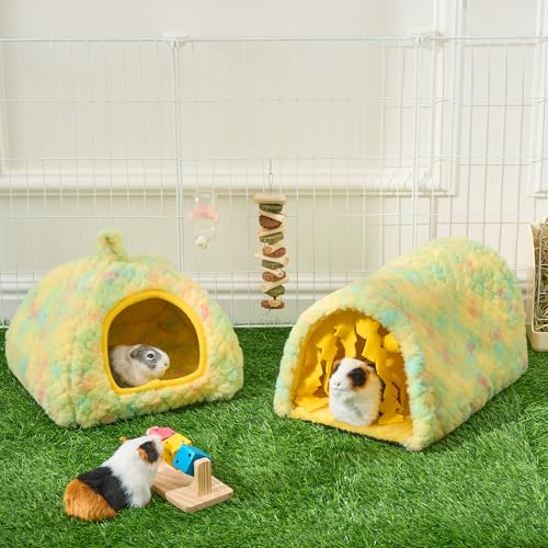 Avont 2-Pack Guinea Pig Tunnel & Hideout Bed Set | Washable Hideout & Tunnel Set, Breathable Fleece, Dual Entrances, Removable Pad, Blue or Yellow - color: Yellow