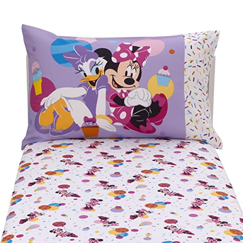 NoJo Disney Minnie Mouse Let's Party Pink, Lavender, and White Balloons, Cupcakes, and Confetti 2 Piece Toddler Sheet Set - Fitted Bottom Sheet and Reversible Pillowcase - color: Minnie Mouse Let's Party Pink