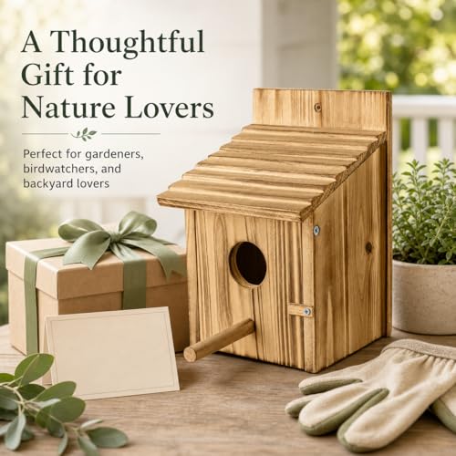 Wooden Bird House for Outside, Hanging Natural Wood Birdhouse with Perch, 1.57" Entrance & Side Clean-Out Door for Bluebirds, Wrens and Finches, Garden Decor