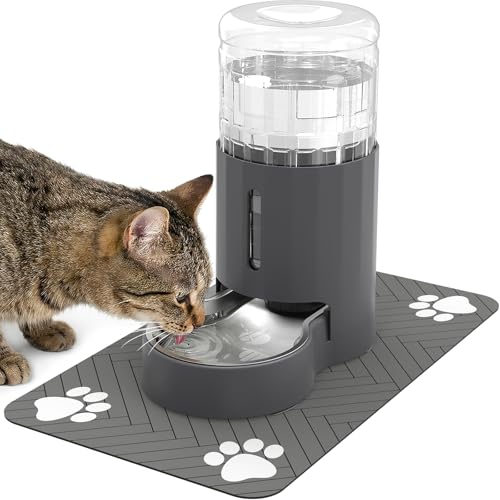 JUNSPOW Cat Water Dispenser with Placemat and Stainless Steel Bowl (4L) | Automatic Gravity Water Dispenser for Cats or Small Medium Size Dogs, Large Capacity, Easy to Clean - color: Grey, size: 4L + Mat