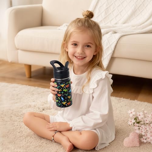 14 Oz Kids Water Bottle, Stainless Steel Water Bottle with Straws, Leak-Proof, BPA-Free, Insulated Water Bottles for School Boys & Girls|Black Dinosaur - color: Black cartoon dinosaur