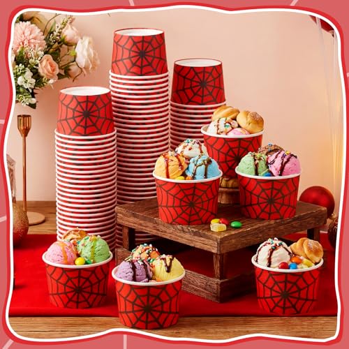 Jingmore 100 Pcs Ice Cream Paper Cups Bulk 8 oz Disposable Dessert Bowls for Hot or Cold Food Snack Treats Gift for Birthday Summer Party Favor Decoration(Red Spider) - style: Red Spider