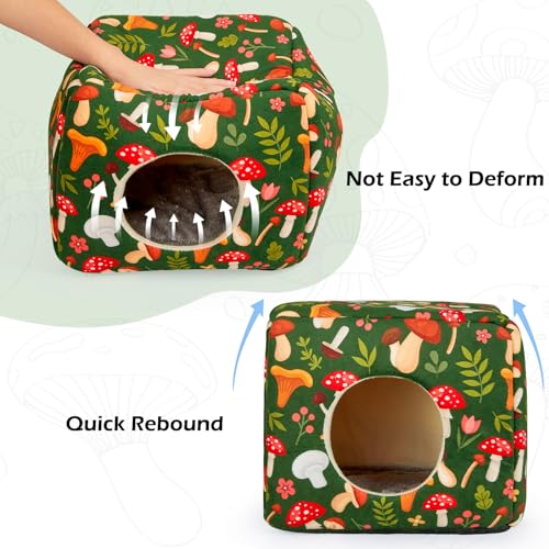 Bienbee Guinea Pig Hideout, Washable Plush House for Small Animals | Guinea Pig House with 2 Wide Entrances, Removable Mat and Non-skid Bottom,Warm and Cozy for Small Pet's Resting and Hiding - color: Green Mushroom