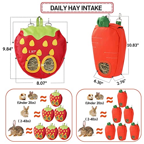 JanYoo Timothy Hay Dispenser for Rabbits Guinea Pigs Hay Bag Rack Manage Storage Hanging Large No Mess for Bunny Accessories - color: E-Straberry+Carrot