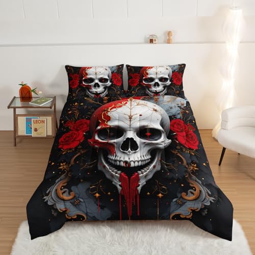 HOSIMA Death Skull Twin Bedding Sets for Boys,Symmetrical Skull Surrounded by Red Roses Print Gothic Comforter Set,Horror Themed Halloween Comforter for Teens Girls Room Decor with 2 Pillowcases. - color: Black-white, size: Twin