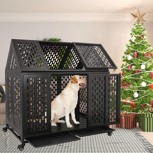 44 inch Heavy Duty Indestructible and Escape-Proof Dog Crate Cage for Large Giant Dogs, Steel Double Door Indoor High Anxiety Pet Kennel with Trays and Wheels, Extra Large XL XXL - size: 43.3"L x 29.7"W x 46.3"H