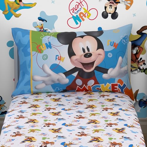 Disney Mickey Mouse Blue, Red, Green, and White, Donald Duck, Pluto, and Goofy, Fun Starts Here 2 Piece Toddler Sheet Set - Fitted Bottom Sheet, and Reversible Pillowcase - color: Mickey Mouse - Fun Starts Here