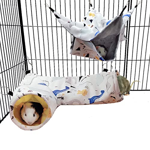 Guinea Pig Rat Corner Tunnel & Tubes Bunkbed Hammock, Guinea Pig Hideout for Small Pet Hedgehog Piggy Hamster Hide(1. Hammock&Tunnel-Dinosaur) - color: 1. Hammock&Tunnel-dinosaur