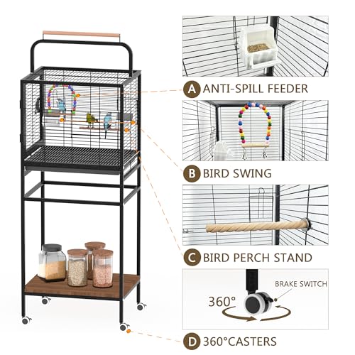 Bird Wrought Iron Cage, Home Style Detachable Travel Birdcage for Small and Medium Birds Parrots Lovebird Conures Cockatiel,Black,52-Inch