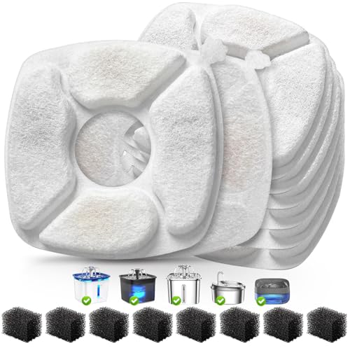 16 Pcs Cat Water Fountain Replacement Filters-8 Pack Cat Fountain Filters with 8 Pack Sponges, Enhanced Compatibility Pet Fountain Filter Fit for 95oz/2.8L 135oz/4L 67oz/2L Pet Drinking Fountain