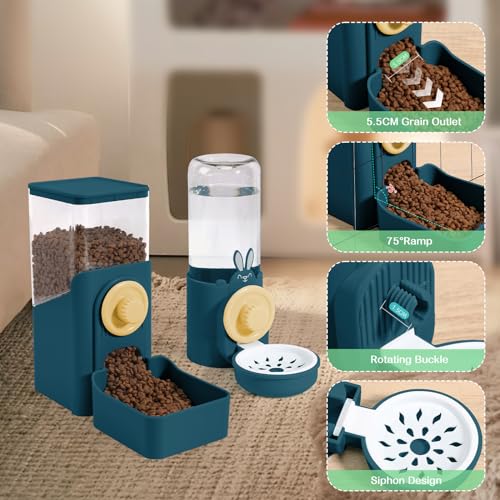 Hanging Automatic Pet Food and Water Dispenser, Auto Gravity Rabbit Ferret Bunny Hedgehog Feeder Water Dispenser Sets, Cat Dog Food and Water Dispenser Food Bowl for Cage Hanging (Dark Blue)