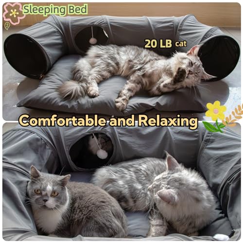 XxingSheep 4 Ways Shuttled XL Cat Tunnel Bed for Indoor Cats Peekaboo Cat Cave Donut with Cool Mat (Dark Gray) - color: Dark Gray, size: Extra Large
