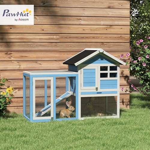 PawHut 49" Wooden Rabbit Hutch Bunny Cage with Fun Outdoor Run Light Blue | Waterproof Asphalt Roof, Removable Tray and Ramp, for Rabbits, Chickens, Ducks - color: Light Blue