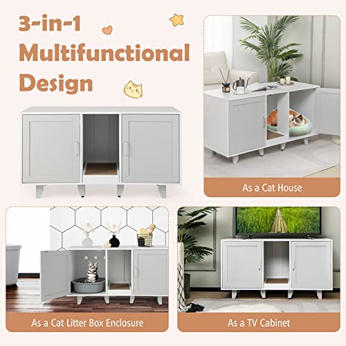 PETSITE Litter Box Enclosure for 2 Litter Boxes, Hidden Cat Washroom TV Stand End Table with 2 Cabinet, Scratching Board, Indoor Cat Litter Furniture, Patented - color: Grey