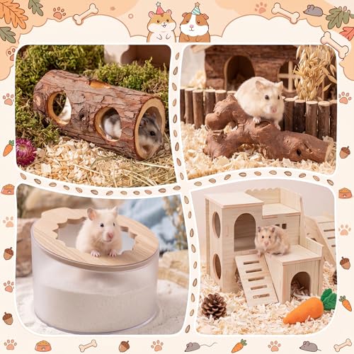 Leitee 6pcs Hamster Cage Accessories, Hamster Sand Bath Box, Wood House, Tunnel Hideout Place, Climbing Branches Decor, Silent Running Exercise Wheel, Interactive Enrichment Toys for Rabbit Gerbils