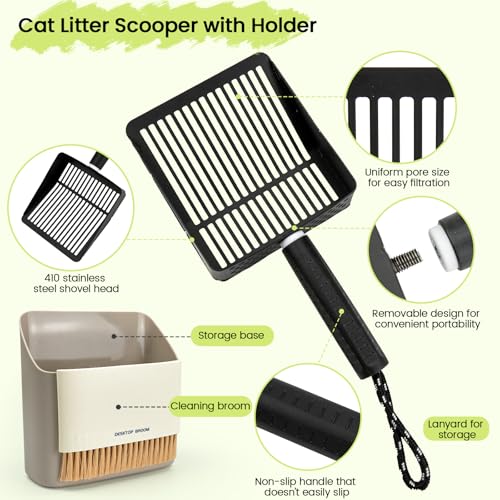 Cat Litter Scoop with Holder, Stainless Steel, Non-Slip Handle | Stainless steel litter scoop with holder captures clumps fast and includes a mini broom and dustpan for easy cleanup - color: Black