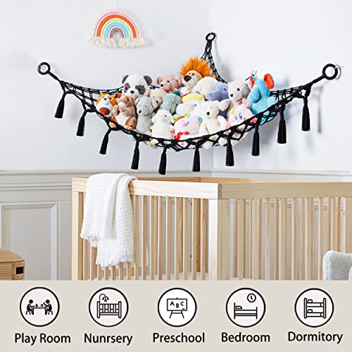 Cotton Stuffed Animal Organizer, Handmade Macrame Hanging Net Hammock for Toy Storage, Boho Decor Room Holder, Triangular, Black, Large, 57x42 inches, 10 lbs Capacity - color: Black(42"*42"*57")