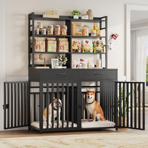 Keyluv 71''H x 47.2''W Large Dog Crate Furniture with 4-Tier Shelves and 2 Storage Drawers, Heavy Duty Dog Cage Furniture with 2 Doors, Wood & Metal Dog Kennel Indoor for Small/Medium/Large Dog, Black - color: Black
