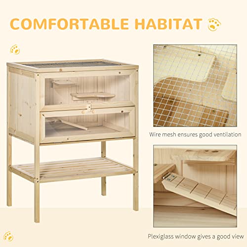 PawHut 3-Tier Wooden Hamster Cage Mice and Rat Cage Small Animals Hutch with Openable Top, Front Door, Storage Shelf, Natural Wood | Small Animals Hutch, Openable Top, Storage Shelf - color: Natural Wood