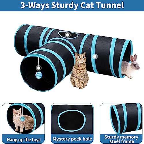 Malier Collapsible Cat Tunnels & Toys Set, Interactive Kitty Toys - Kitten & Cat - Feathers, Mouse, Crinkle Balls, 3-Way Tube Tunnel for Indoor Play - color: Black