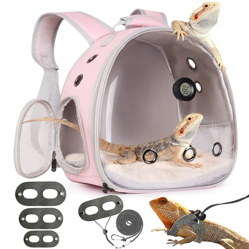 Reptile Travel Backpack Carrier with Reptile Thermometer and Humidity Gauge & Harness Leash Lizard Travel Cage Space Capsule Clear Bubble Window Astronaut Bearded Dragon Bag for Ball Python - color: Pink