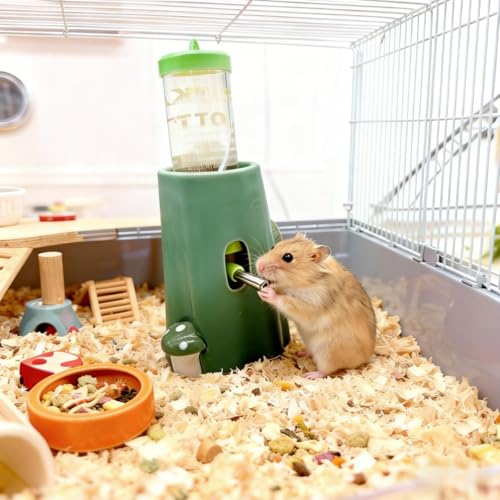 Hamster Water Bottle Adjustable Ceramic Hamster Water Dispenser No Drip Feeder with Food Bowl for Mice Rats Hedgehog Chinchilla Gerbil - color: Green