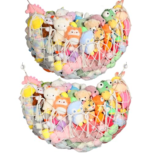 YECAYE Stuffed Animal Net, 60 Inch Plushies Storage, 2 Pack, Cream White | Large Capacity, Handwoven Design, Wall Mounted with Anti-Slip Hooks, Flexible Hanging, Space-Saving Stuffed Animal Storage - color: Cream White, size: 2 pack