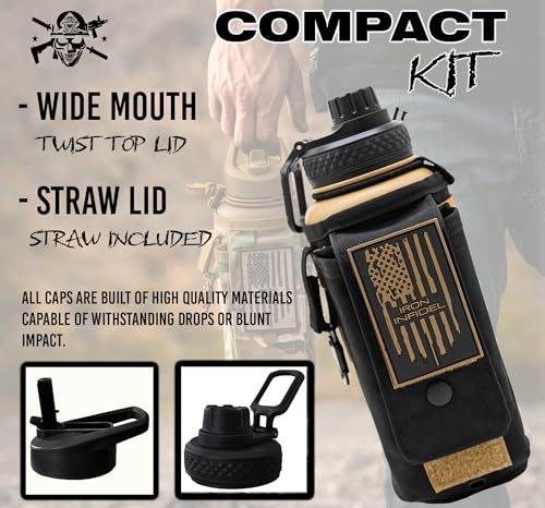 Iron Infidel Battle Bottle - 32 Oz Insulated Water Bottle with Straw Lid & Chug Cap, Stainless Steel Metal Flask Includes Rugged, Removable Sleeve for Keys, Wallet, & Phone (Brown Recluse 1 Liter) - color: 32oz - Brown Recluse, size: 32 Ounces