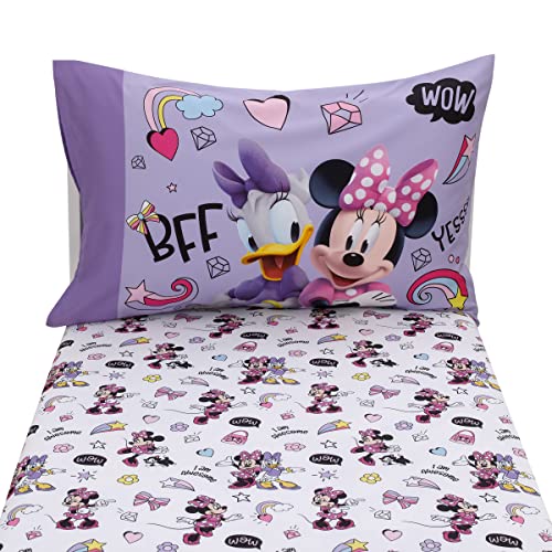 Disney Minnie Mouse I am Awesome Lavender, Pink, and White with BFF Daisy Duck, Rainbow Hearts and Stars 2 Piece Toddler Sheet Set - Fitted Bottom Sheet and Reversible Pillowcase - color: Minnie Mouse I Am Awesome