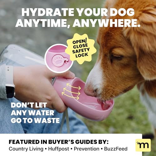 MalsiPree On the Go Dog Water Bottle - 12 oz Pink, Leak-Proof | 12oz leak-proof bottle & built-in bowl - one-hand use - Use for dog travel, hiking, park & beach days - color: Pink, size: 12oz - Standard