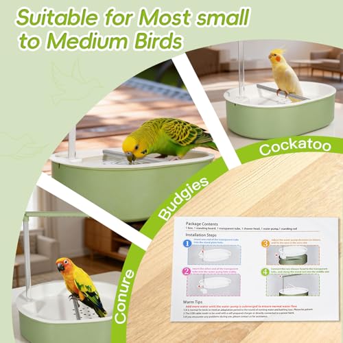 Parakeet Bird Bath - Parrot Shower for Budgie Cockatiel Lovebird and Conure | Stainless Perch, Adjustable Water Flow Fountain, Automatic, Large Parrot Shower, Indoor