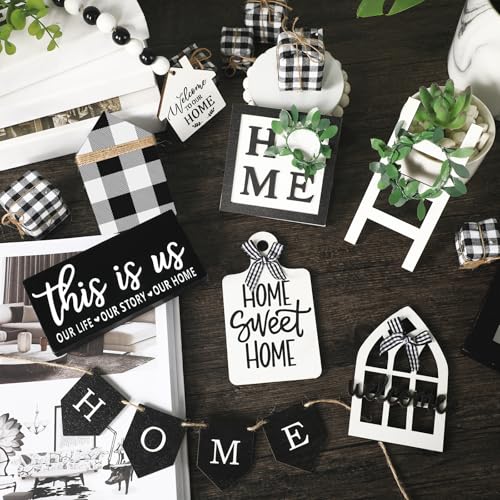 FairySandy Set of 11 Home Tiered Tray Decor This is us Rustic Farmhouse Tiered Tray Decorations Set Home Wooden Signs Vintage Farm Animal Farmhouse Tabletop Wood Signs for Kitchen Table Shelf Decor - style: Plaid