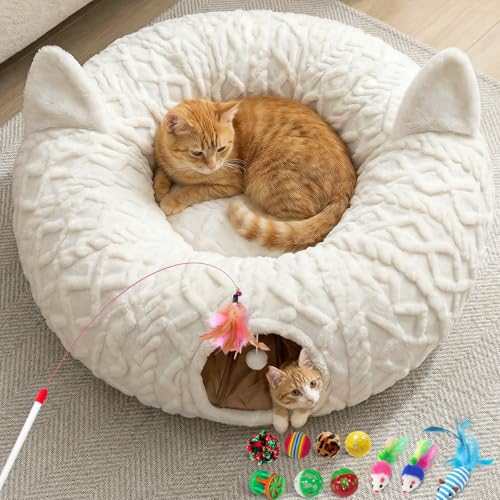 OurWarm Large Cat Tunnel Bed for Indoor Cats with Soft Cushion & Cat Toys, Round Under Tree Cats Donut Tunnel Christmas Tree Skirt, White Plush Pet Peekaboo Cave for Kitten/Puppy/Rabbit to Play - color: Grid