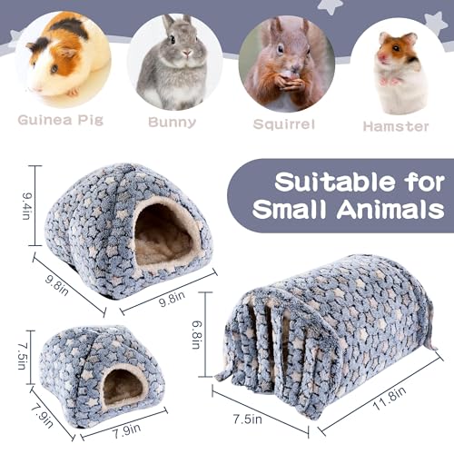 3 Pack Guinea Pig House Accessories, Washable 2 Guinea Pig House and Hideout Tunnel with Curtains, Chinchilla Hideout for Hamster, Rabbit, Bunny, Chinchillas (Blue-Star) - color: Blue-Star