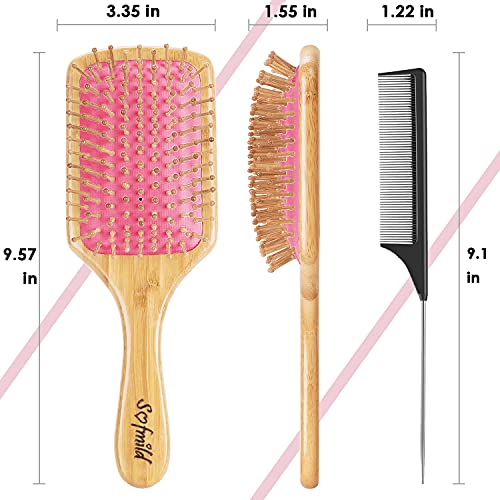 Sofmild Bamboo Hair Brush with Tail Comb, Pink Cushion Paddle Brush | Natural Wooden Hairbrush for Women Men Kids, 2 in 1 Comb Brush for Thick Curly Long Hair,Detangler Brush for Hair Growth - color: Rose