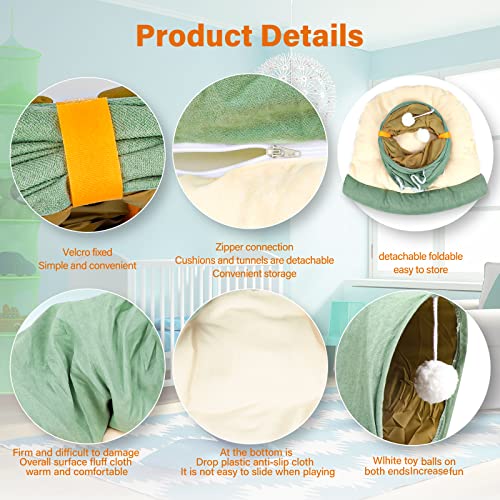 BWOGUE Bunny Tunnel Bed, 2-in-1 Collapsible Rabbit Tunnel Hideout with Mat | Removable Mat for Washing, 46.8 in Length, Ball Toy for Play, Soft Suede Fabric, Cats Rabbits Guinea Pigs - color: Green