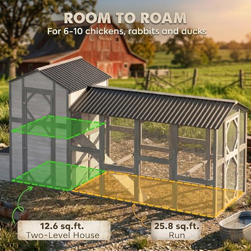 PawHut 147" Extra Large Chicken Coop Wooden Hen House for 8-10 Hens Gray | Outdoor Poultry Hutch with Run, Removable Tray, Nesting Box, Ramp for Duck Rabbit, Ventilated Windows