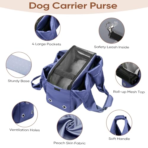 Dog Purse Carrier for Small Dogs, Cats, and Puppies – Soft-Sided Travel Pet Tote Bag with 4 Large Pockets, Foldable, Lightweight, Fits Pets up to 15 lbs, for Travel, Outings (Dark Blue) - color: Dark Blue