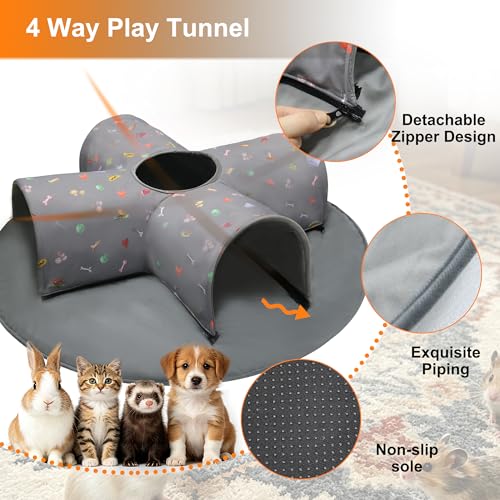 4-Way Indoor Cat Tunnel Bed with Top Peek Hole, 2-in-1 Collapsible Hideout with Removable Washable Mat, Interactive Play Tunnel for Cats, Kittens, Rabbits, Ferrets & Small Pets