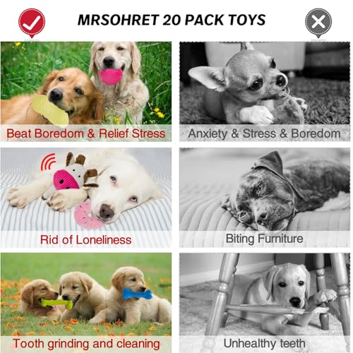 MRSOHRET 20Pcs Puppy Chew Toys for Teething, Dog Chew Toys with Rope Toy, Pet Dog Toothbrush, Treat Balls, Plush Toys and Squeaky Toys for Small Medium Dogs with Basket to Keep Them Busy - color: 20 Pack