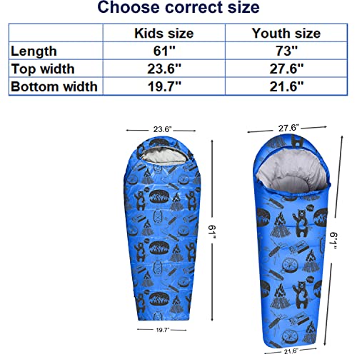KidzAdventure Mummy Style 32 – 59F Kids Sleeping Bag with Pillow Sleeve, 4 Season, Lightweight and Backpacking Style, Ideal for Camping, Sleepover, Boys, Girls, and Youth - color: Blue kids up to 4'3"