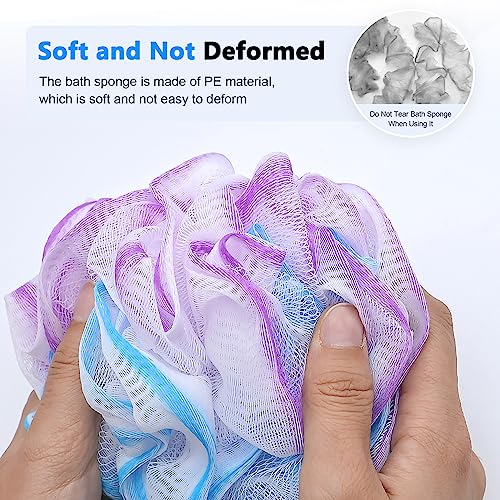 FORENEE Blue, Purple and White Loofah on a Stick, PE Mesh Back Scrubber | Soft PE mesh for rich lather and gentle cleansing; water-resistant coated wood handle, non-slip rubber grip and hanging loop - style: Purple Blue White