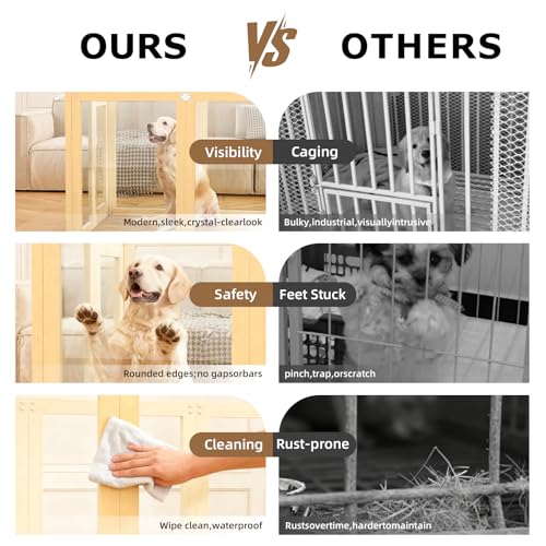 Clear Acrylic Dog Playpen Indoor with Solid Wood Frame, 10 Panels Clear Dog Playpen for Small Dogs, Easy Assembly Acrylic Pet Pen, Safe and Sturdy Play Area for Puppy Rabbit Indoor