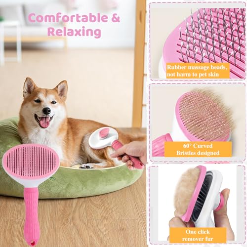 7 Pcs Cat Dog Brush Grooming Kits, Self-Cleaning Slicker Brush, Pet Nail Clipper and File, Flea Comb, Pet Shampoo Bath Brush, Pet Finger Toothbrush, Storage Bag (Pink) - color: Pink